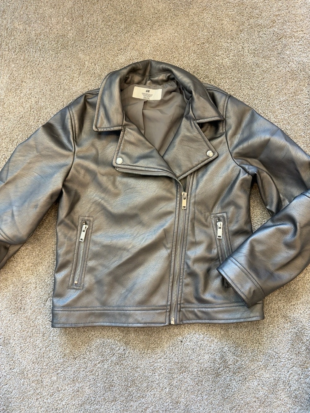 H&M Girls Silver Faux Leather Moto Jacket Size 10 Metallic Biker Zip Coat EUC
